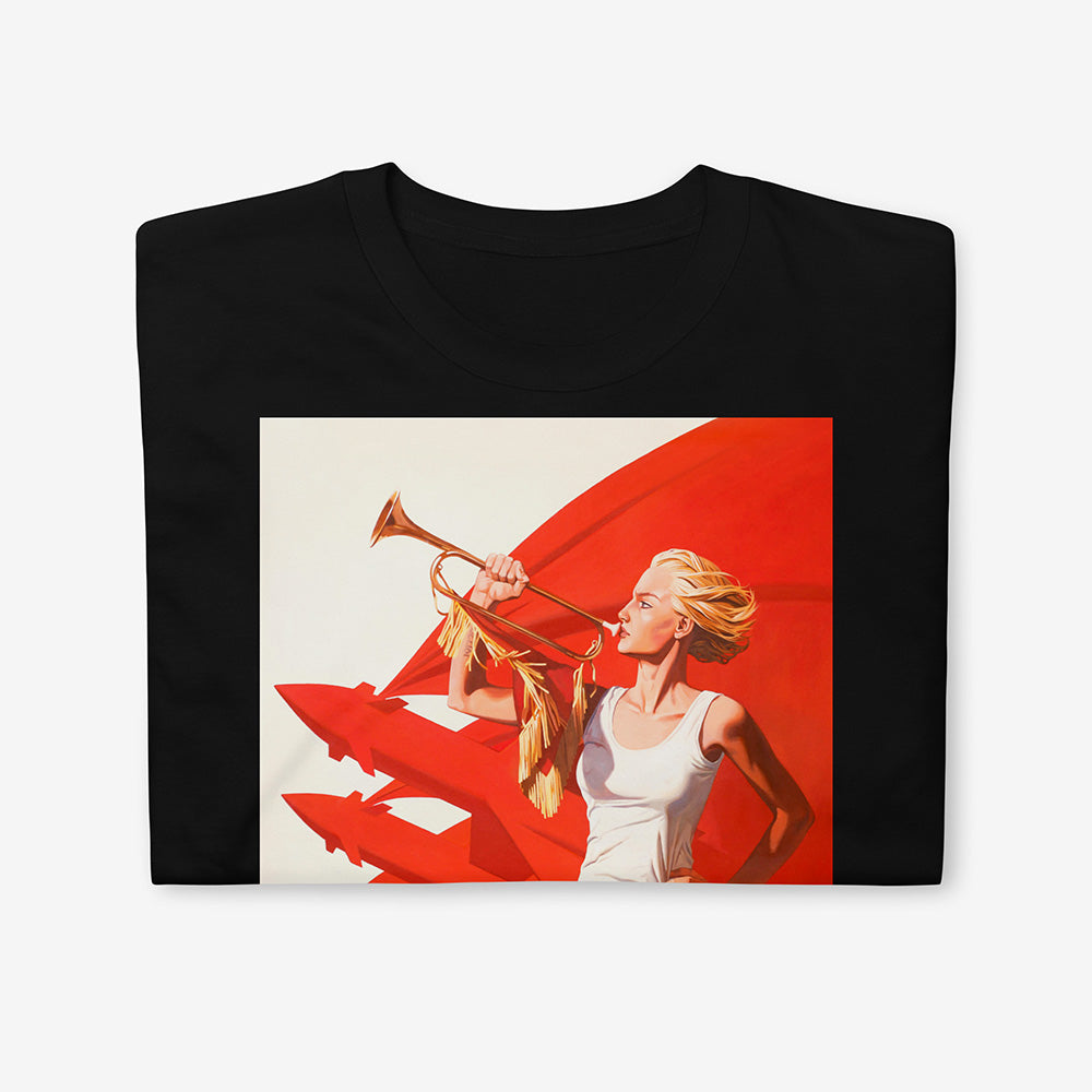 Unisex T-shirt with painting of sexy blonde pioneer girl in shorts holding trumpet with red flag and red rockets in background