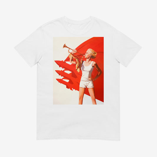 Unisex T-shirt with painting of sexy blonde pioneer girl in shorts holding trumpet with red flag and red rockets in background