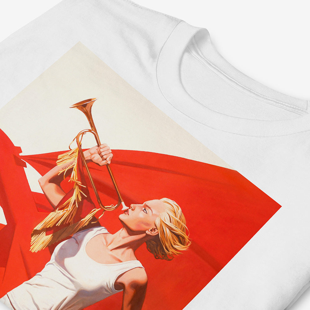 Unisex T-shirt with painting of sexy blonde pioneer girl in shorts holding trumpet with red flag and red rockets in background