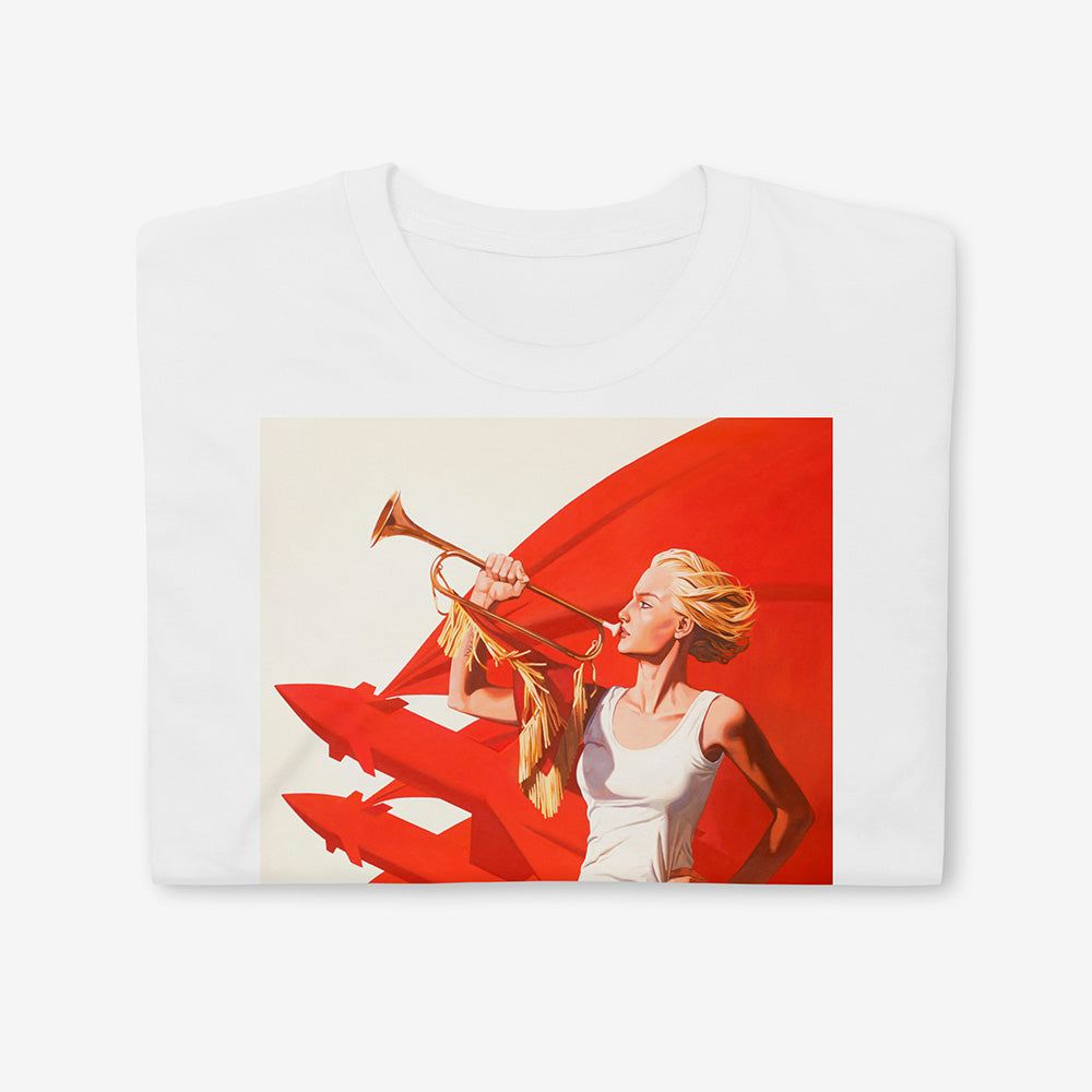 Unisex T-shirt with painting of sexy blonde pioneer girl in shorts holding trumpet with red flag and red rockets in background