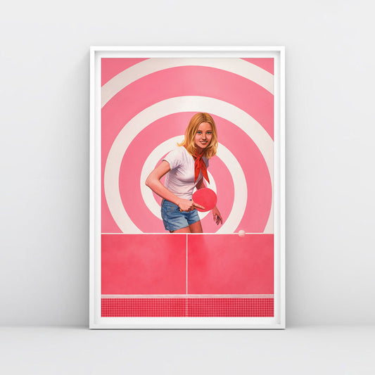 Poster of blonde Soviet pioneer girl playing pink ping pong on pink table with hypnotic spiral background, dreamy pop surrealism