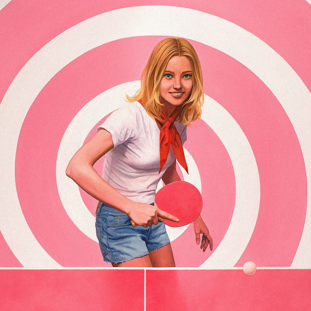Poster of blonde Soviet pioneer girl playing pink ping pong on pink table with hypnotic spiral background, dreamy pop surrealism. close up detailes 