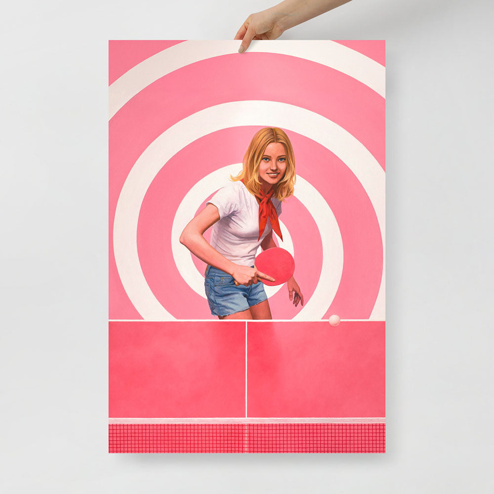Poster of blonde Soviet pioneer girl playing pink ping pong on pink table with hypnotic spiral background, dreamy pop surrealism