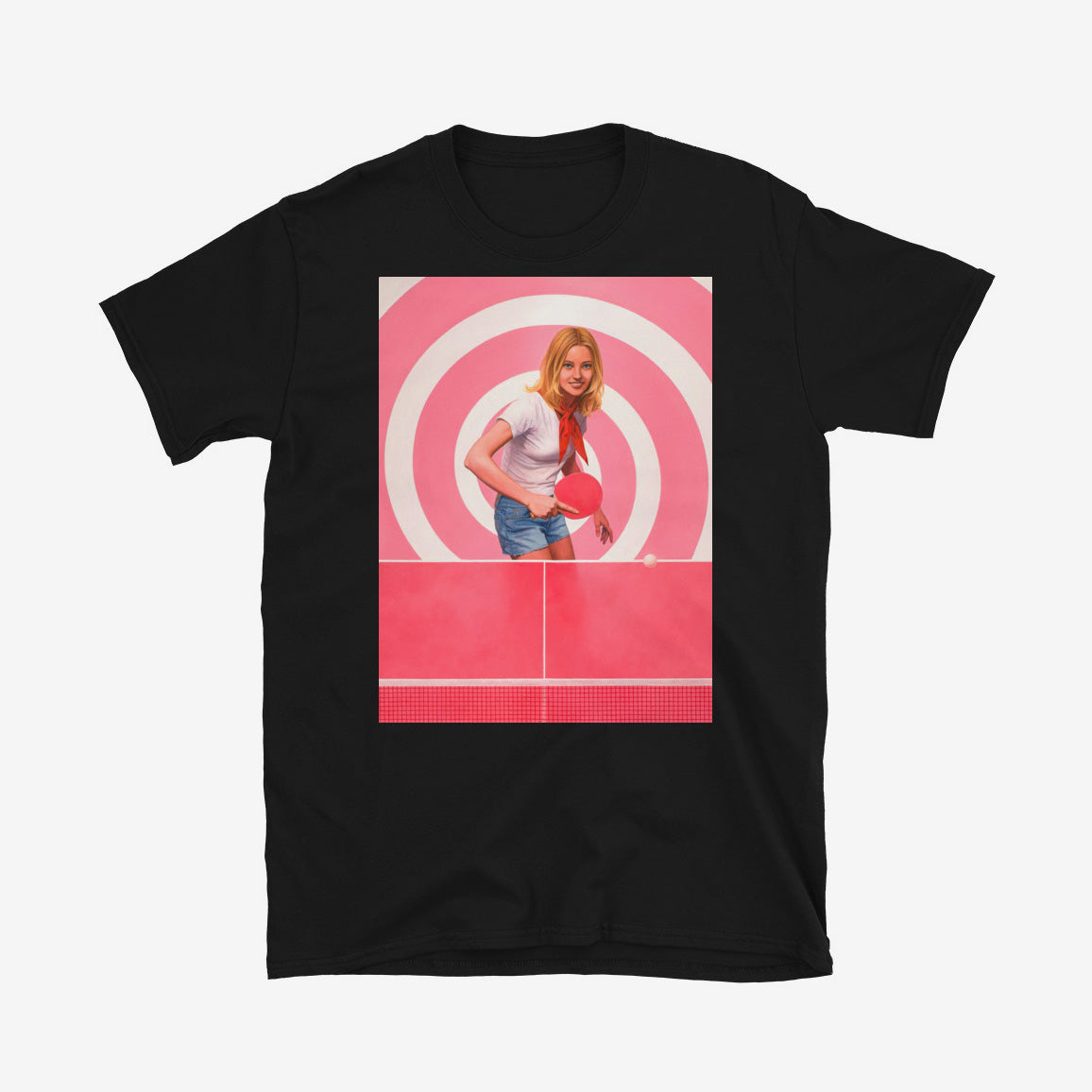 T-shirt with blonde Soviet pioneer girl playing ping pong on pink table with spiral hypnotic pink background
