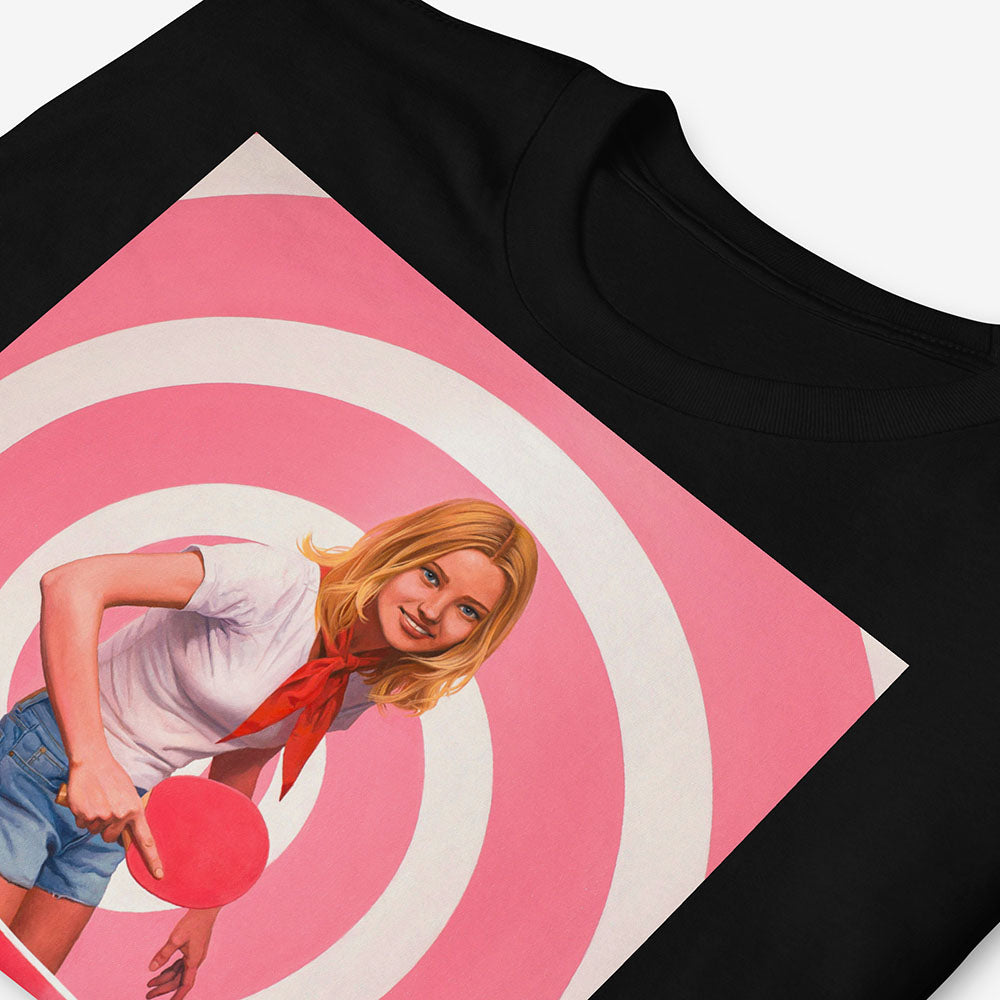 T-shirt with blonde Soviet pioneer girl playing ping pong on pink table with spiral hypnotic pink background