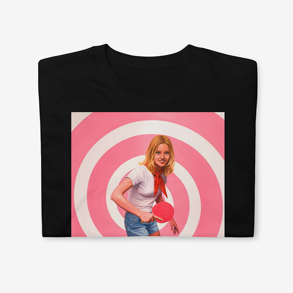 T-shirt with blonde Soviet pioneer girl playing ping pong on pink table with spiral hypnotic pink background