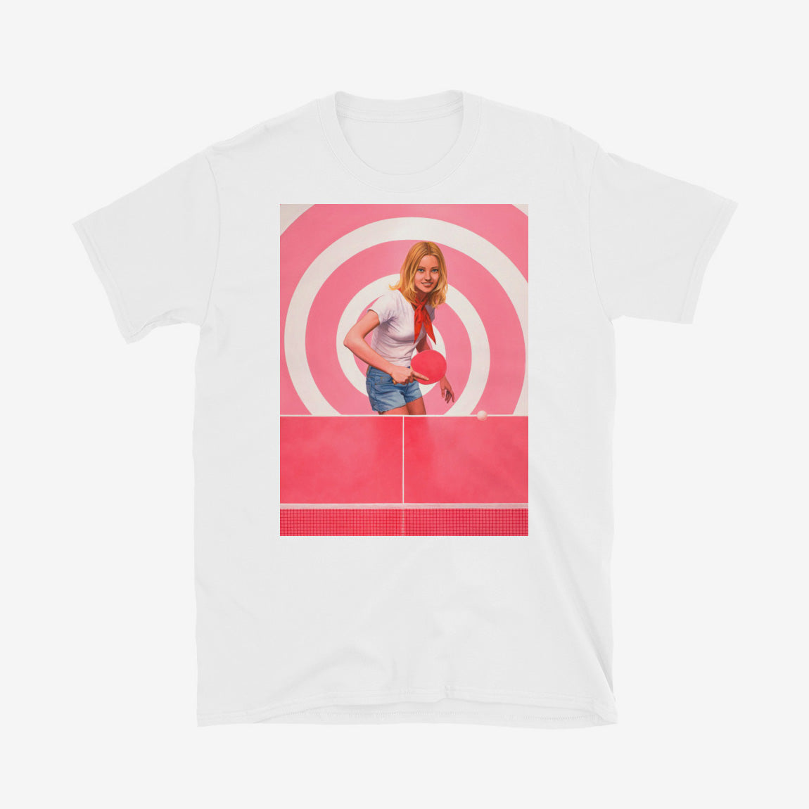 T-shirt with blonde Soviet pioneer girl playing ping pong on pink table with spiral hypnotic pink background