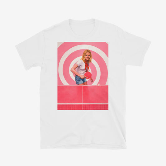 T-shirt with blonde Soviet pioneer girl playing ping pong on pink table with spiral hypnotic pink background