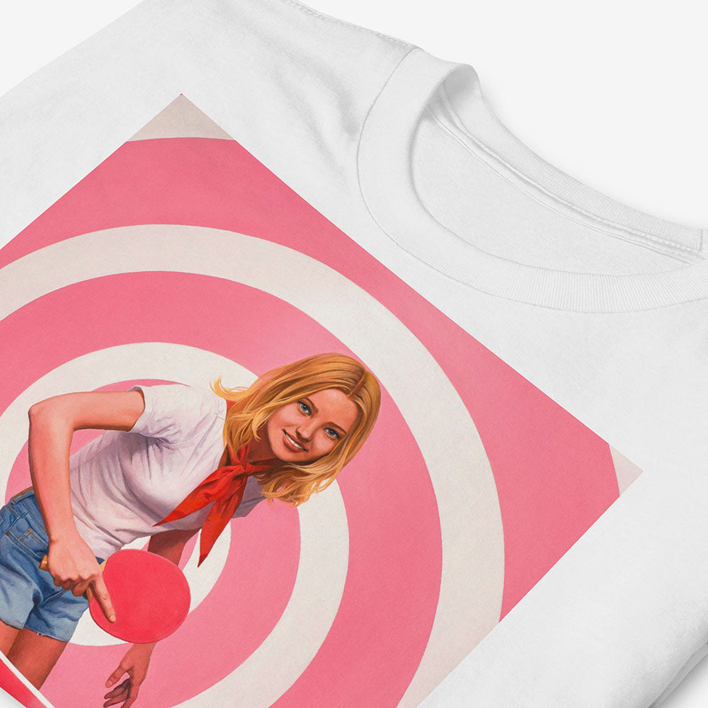 T-shirt with blonde Soviet pioneer girl playing ping pong on pink table with spiral hypnotic pink background