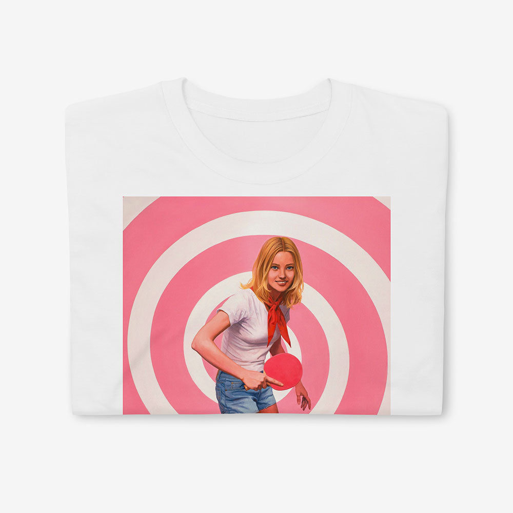 T-shirt with blonde Soviet pioneer girl playing ping pong on pink table with spiral hypnotic pink background