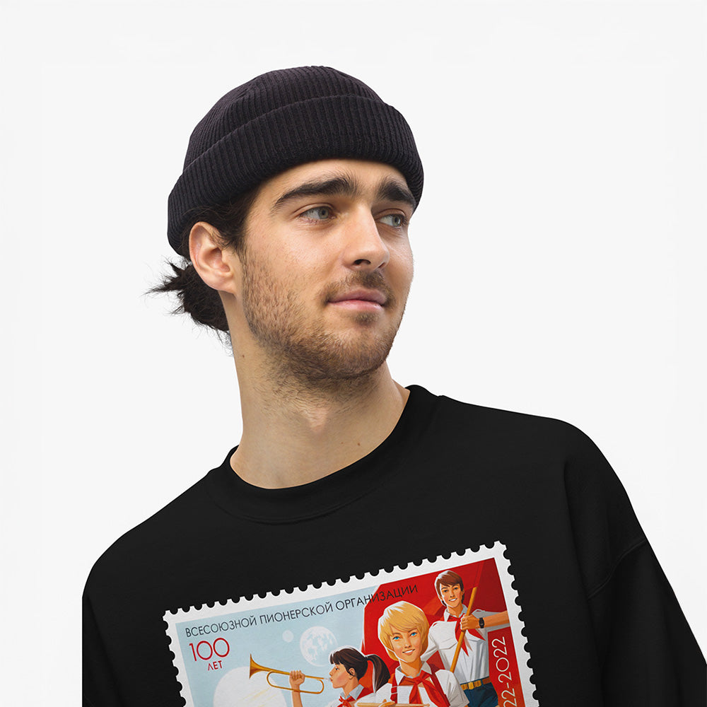 Unisex regular crewneck sweatshirt with postmark-style artwork of Soviet Pioneer girls in shorts with trumpet, drums, and red flag – celebrating 100 years of the Pioneer organisation
