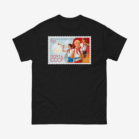 Unisex t shirt with postmark-style artwork of Soviet Pioneer girls in shorts with trumpet, drums, and red flag – celebrating 100 years of the Pioneer organisation