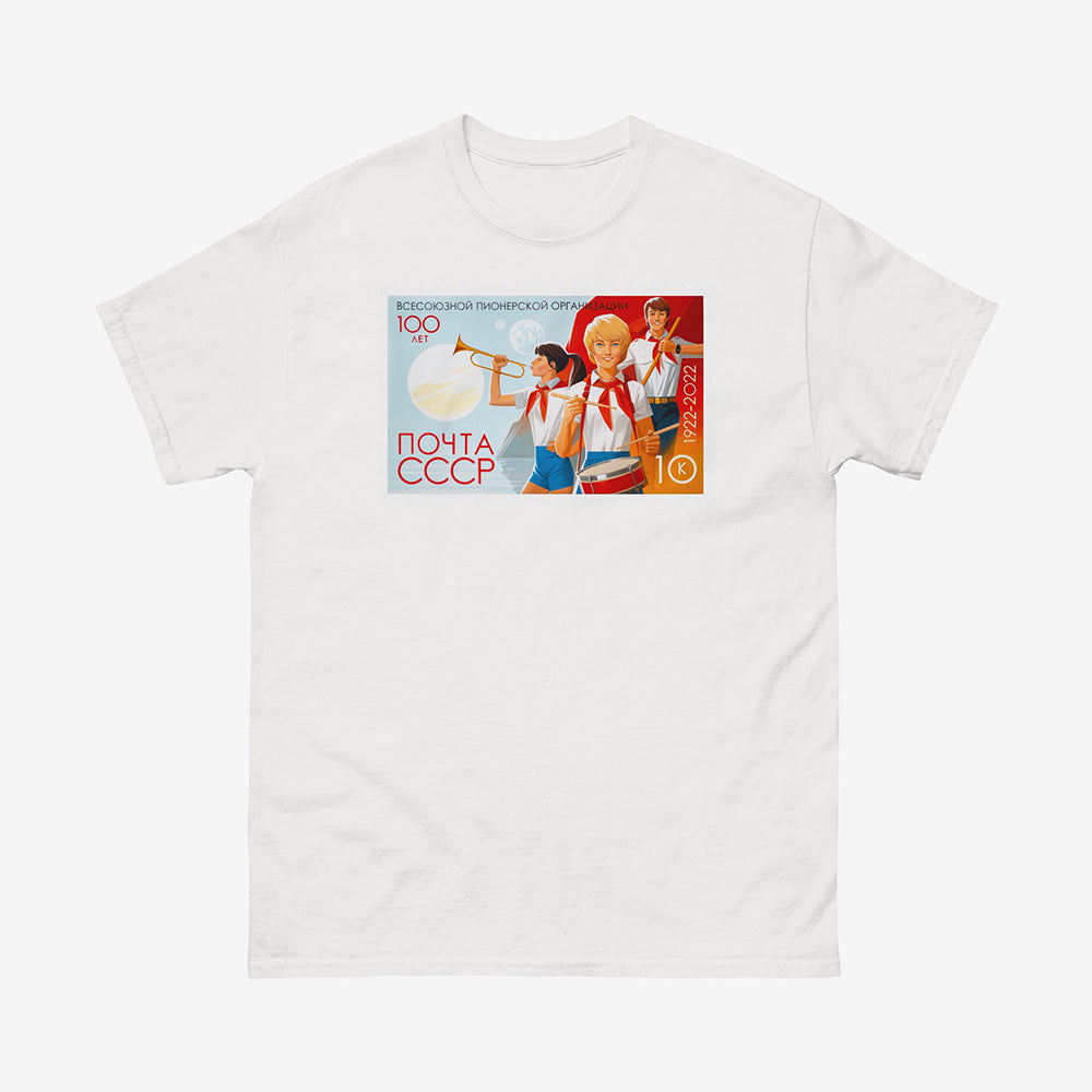 Unisex t shirt with postmark-style artwork of Soviet Pioneer girls in shorts with trumpet, drums, and red flag – celebrating 100 years of the Pioneer organisation
