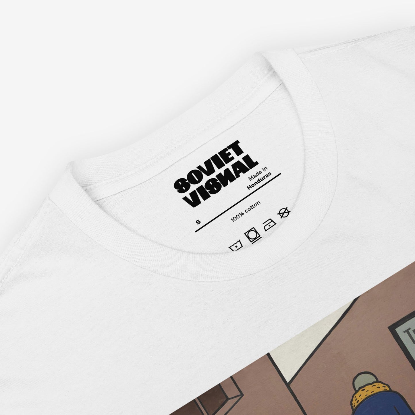 Premium unisex T-shirt featuring Viktor Pivovarov’s artwork ‘Bun for Tea’ from Soviet conceptualism