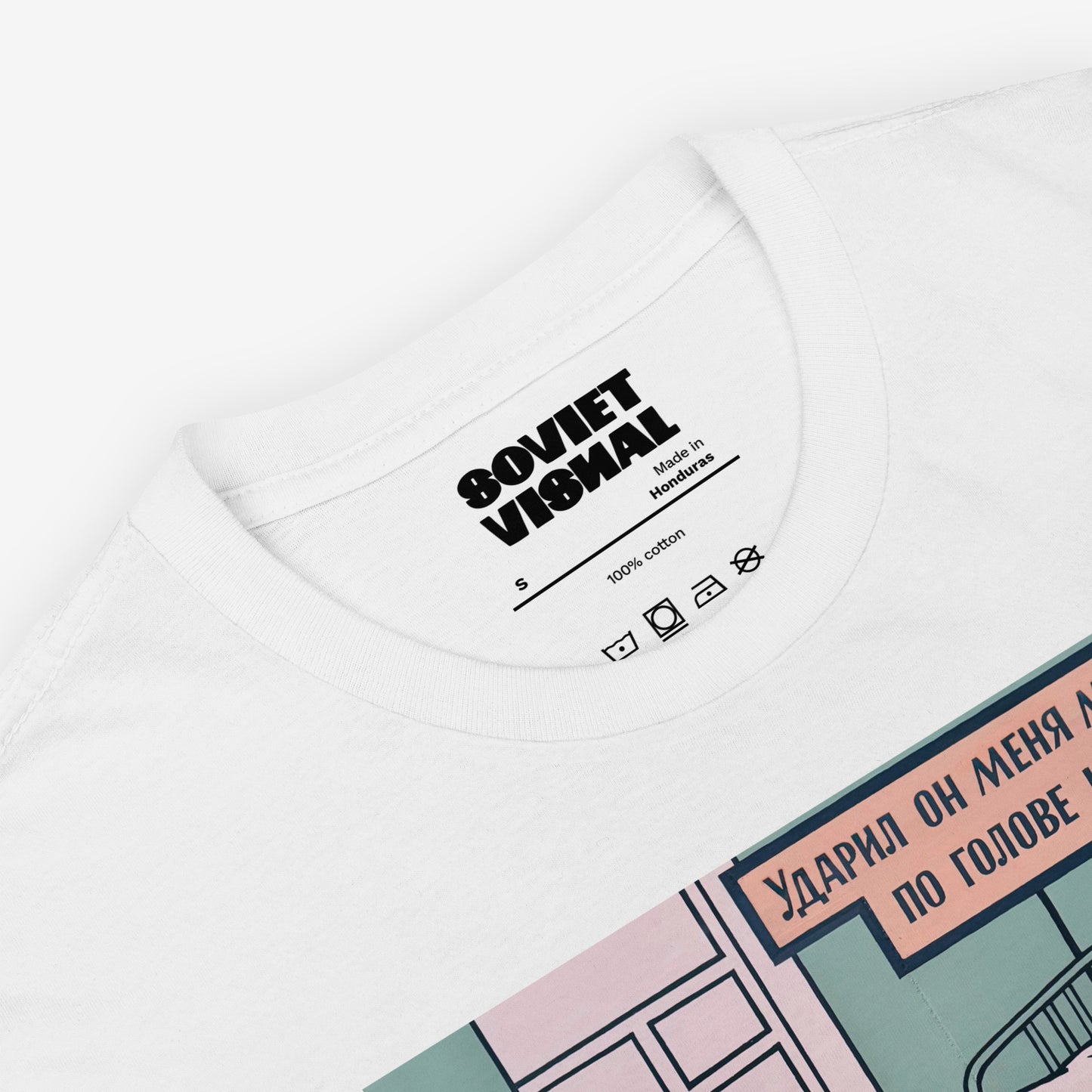 Premium unisex T-shirt featuring Viktor Pivovarov’s Soviet conceptual artwork ‘He Hit Me with a Hammer and Burst into Tears’. Closeup photo