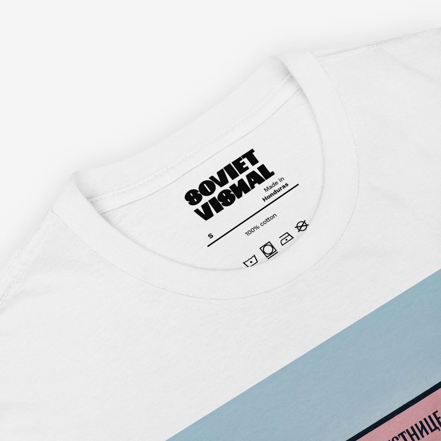 Inside tag logo of the unisex white T-shirt showcasing the large Soviet print