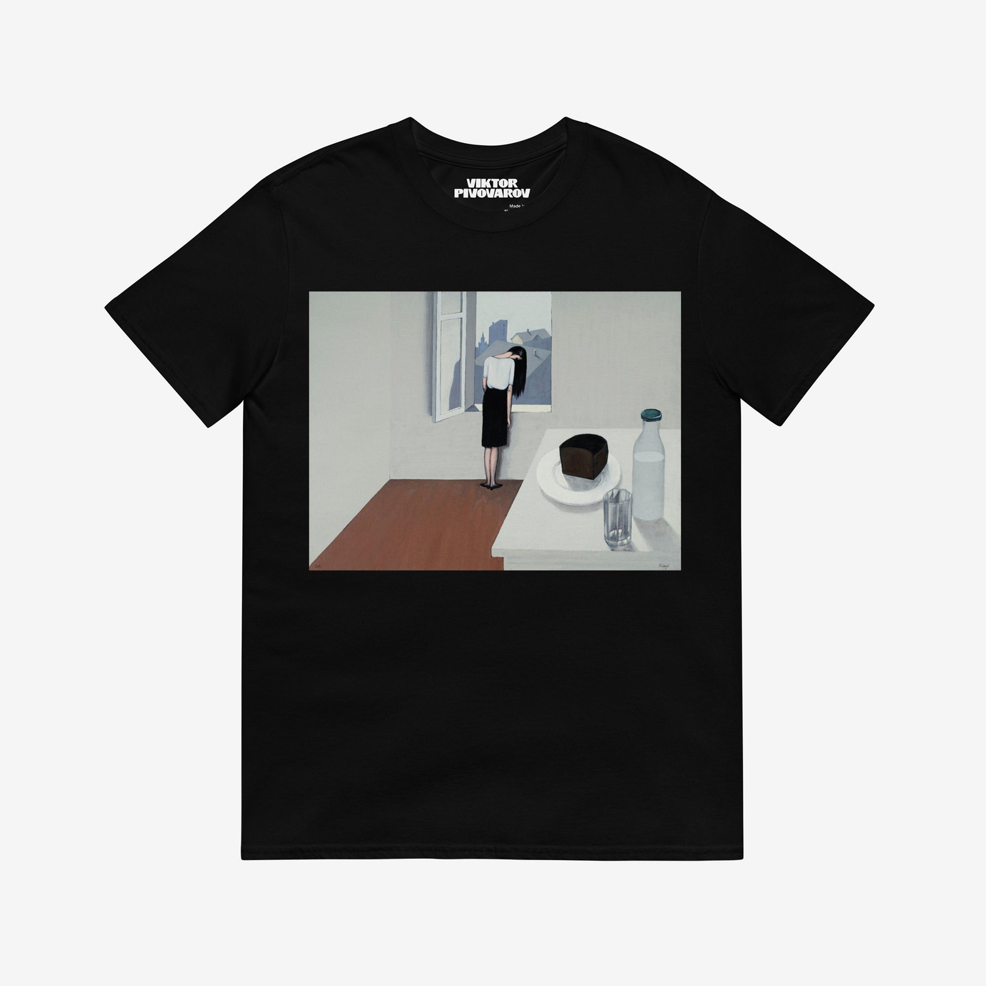Black unisex T-shirt featuring Viktor Pivovarov’s painting ‘Wet Hair’. with a girl next to window. Soviet Conceptual Art. www.artsoviet.com