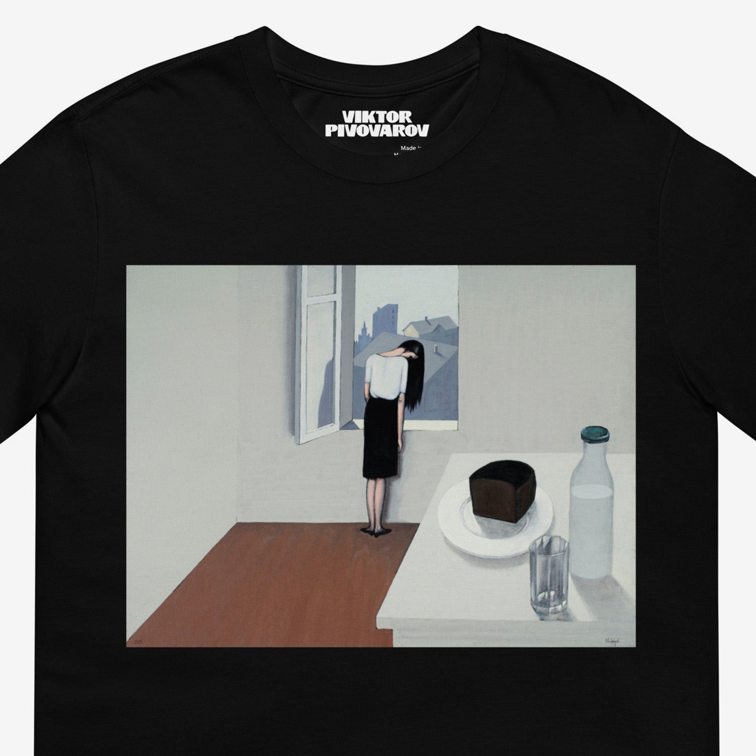 Black unisex T-shirt featuring Viktor Pivovarov’s painting ‘Wet Hair’. with a girl next to window. Soviet Conceptual Art. Closeup details. www.artsoviet.com