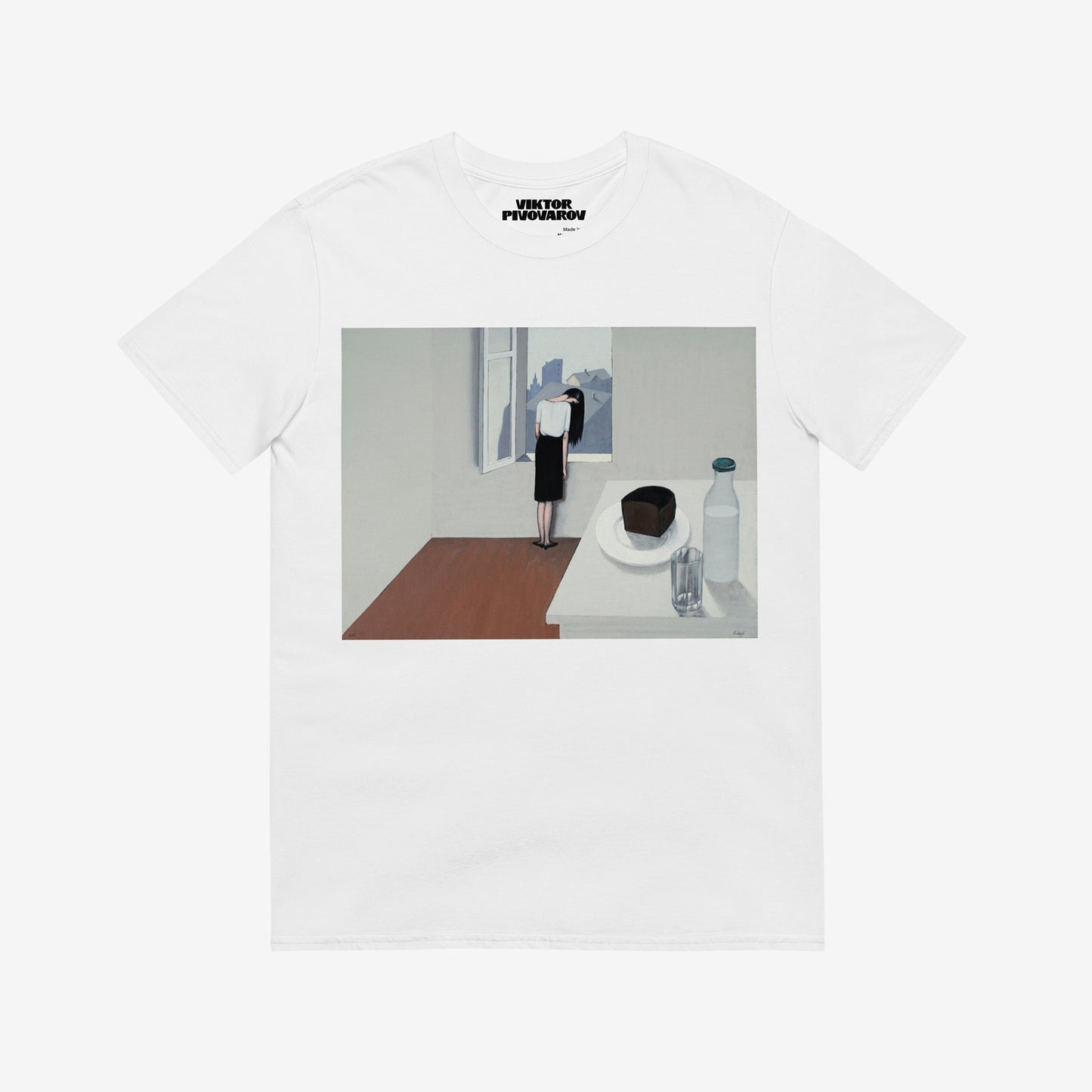 White unisex T-shirt featuring Viktor Pivovarov’s painting ‘Wet Hair’. with a girl next to window. Soviet Conceptual Art. www.artsoviet.com