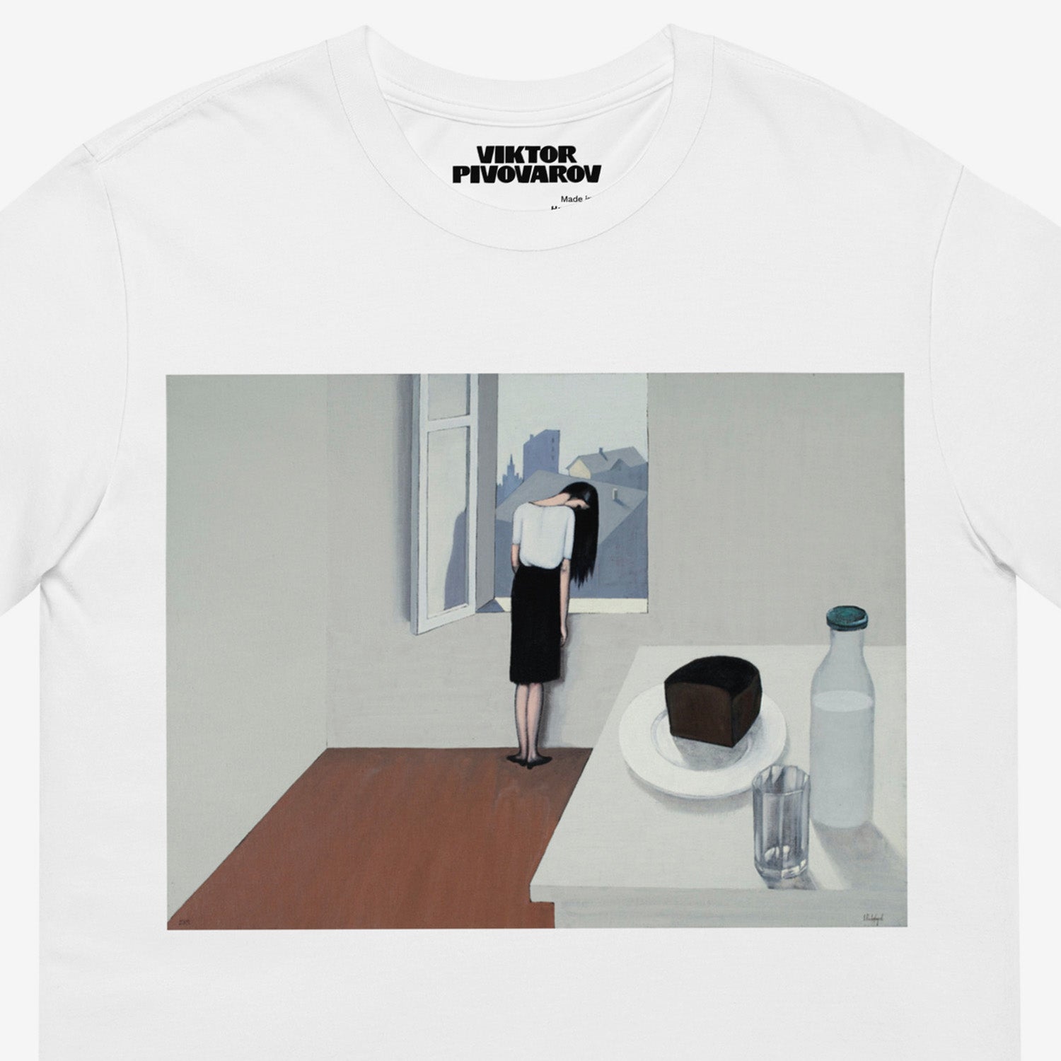 White unisex T-shirt featuring Viktor Pivovarov’s painting ‘Wet Hair’. with a girl next to window. Soviet Conceptual Art. Closeup details. www.artsoviet.com