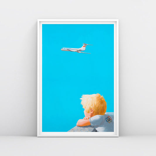 Large poster of dreamy young Soviet blonde boy watching Aeroflot plane with red USSR flag on tail in sky, wearing Olympic shirt 