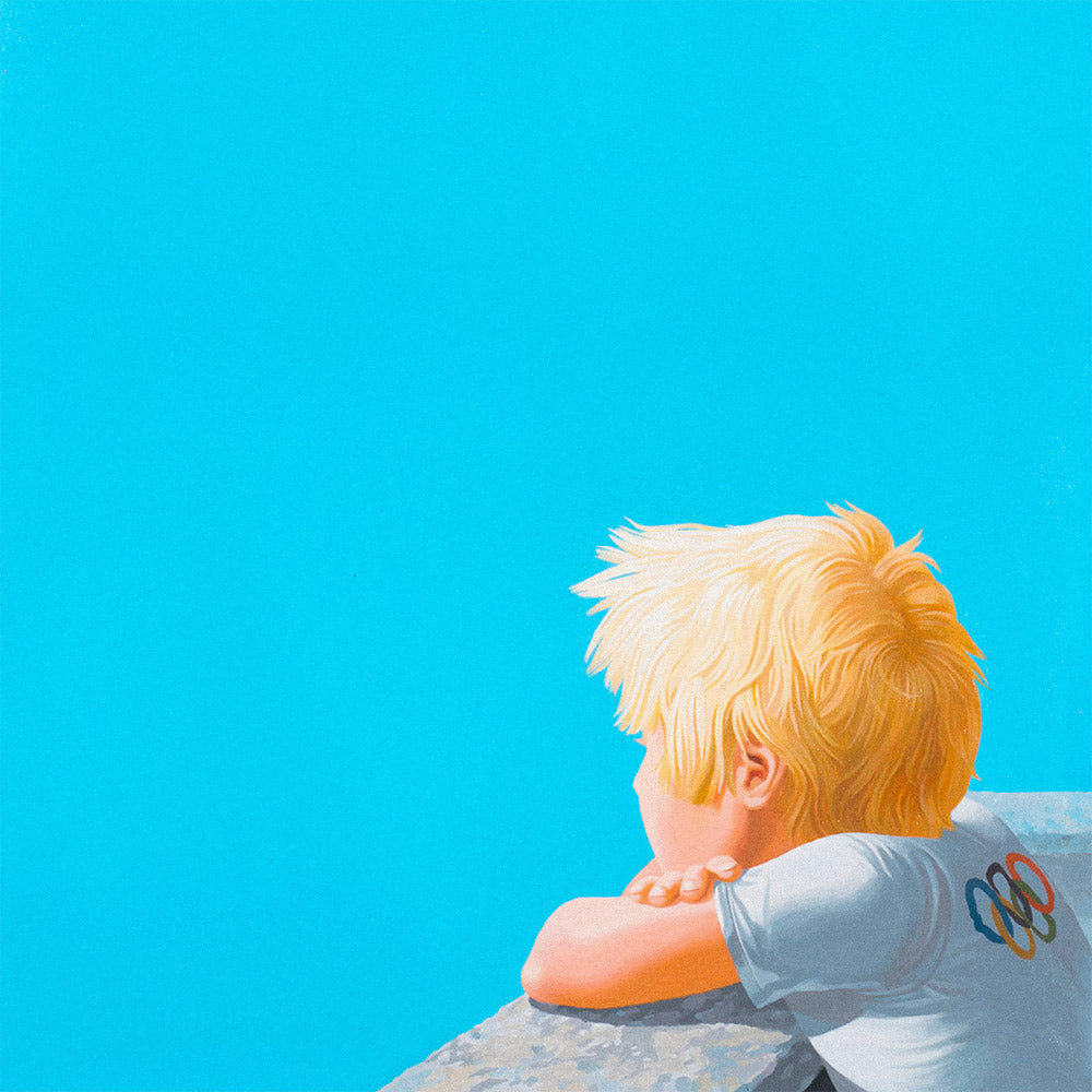 Large poster of dreamy young Soviet blonde boy watching Aeroflot plane with red USSR flag on tail in sky, wearing Olympic shirt 