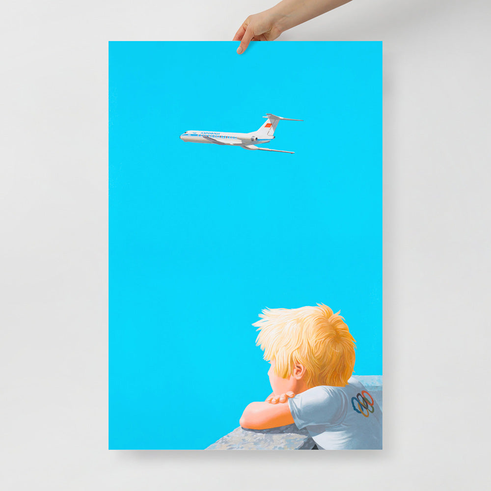 Large poster of dreamy young Soviet blonde boy watching Aeroflot plane with red USSR flag on tail in sky, wearing Olympic shirt 
