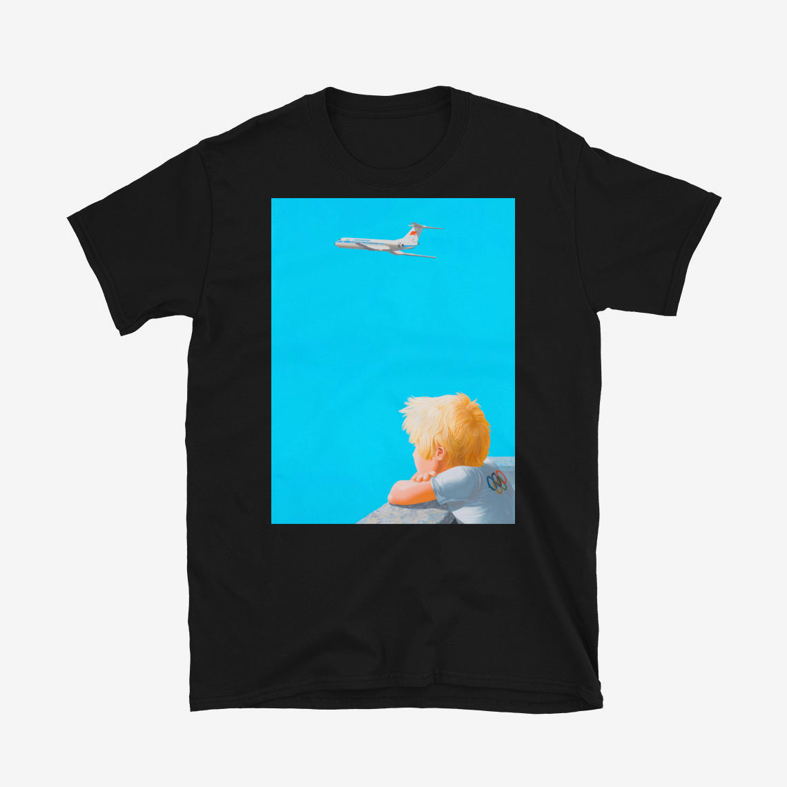 Unisex T-shirt featuring dreamy Soviet blonde boy watching Aeroflot plane with red USSR flag on tail in sky, Olympic logo on back of boy's shirt