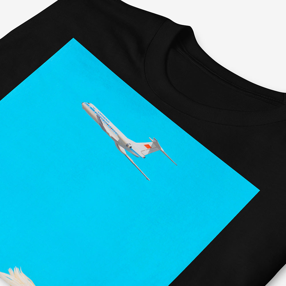 Unisex T-shirt featuring dreamy Soviet blonde boy watching Aeroflot plane with red USSR flag on tail in sky, Olympic logo on back of boy's shirt