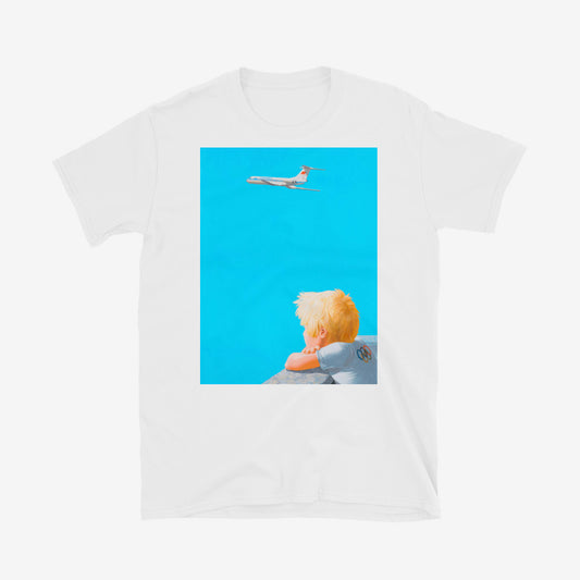 Unisex T-shirt featuring dreamy Soviet blonde boy watching Aeroflot plane with red USSR flag on tail in sky, Olympic logo on back of boy's shirt