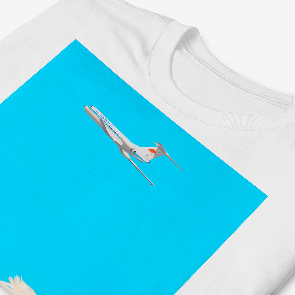 Unisex T-shirt featuring dreamy Soviet blonde boy watching Aeroflot plane with red USSR flag on tail in sky, Olympic logo on back of boy's shirt