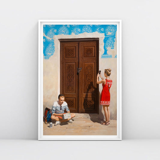 Large poster of post-Soviet youth in Bukhara with girl taking photo and boy reading map by historic blue-tiled Uzbek door