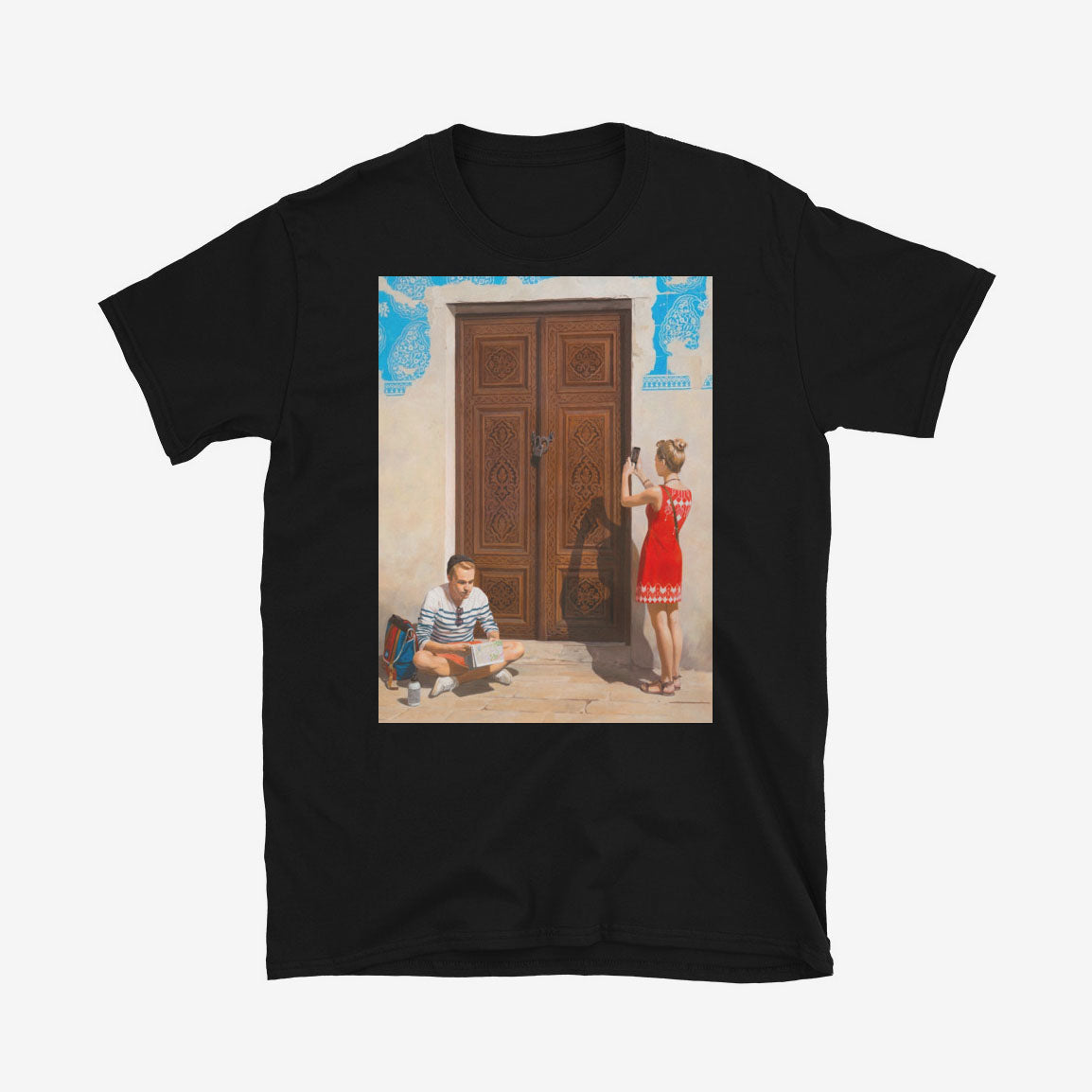 Unisex T-shirt with Russian girl photographing Uzbek door and boy reading map beside historic blue-tiled building in Bukhara