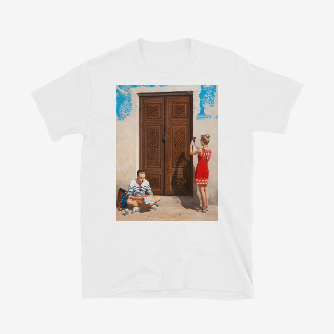 Unisex T-shirt with Russian girl photographing Uzbek door and boy reading map beside historic blue-tiled building in Bukhara