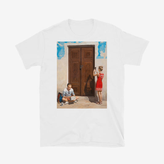Unisex T-shirt with Russian girl photographing Uzbek door and boy reading map beside historic blue-tiled building in Bukhara