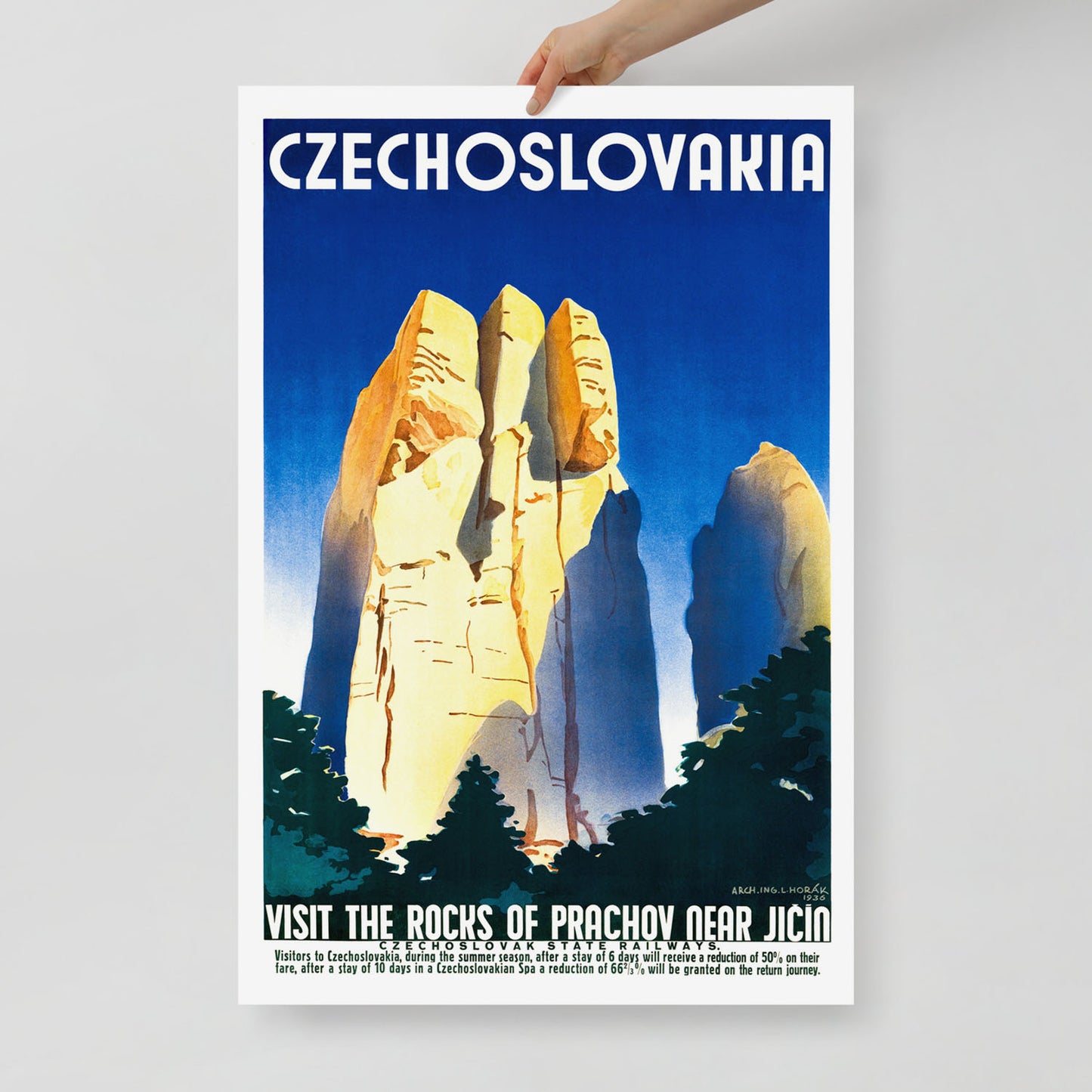 Vintage Czechoslovakia travel poster of Prachov Rocks near Jičín with retro Eastern Bloc artwork