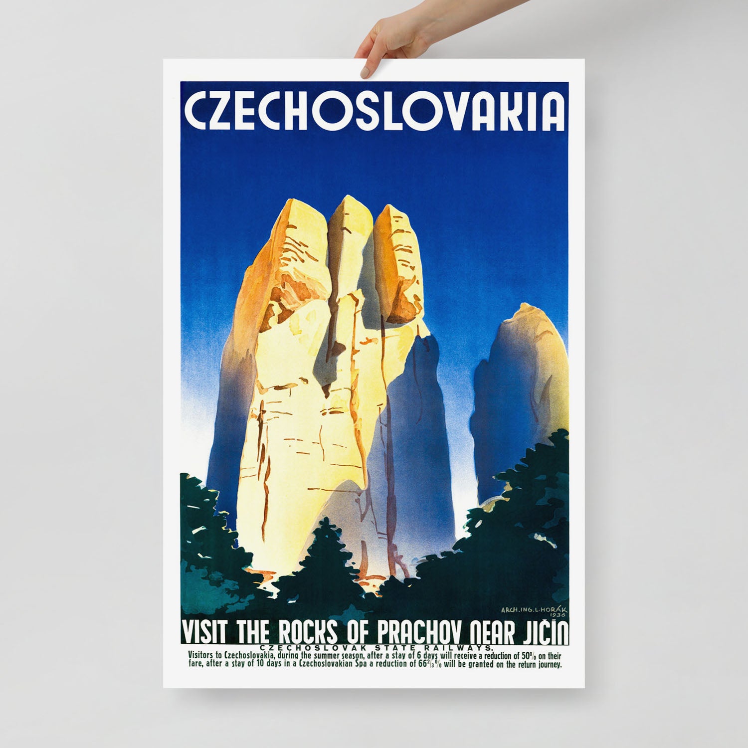 Vintage Czechoslovakia travel poster of Prachov Rocks near Jičín with retro Eastern Bloc artwork