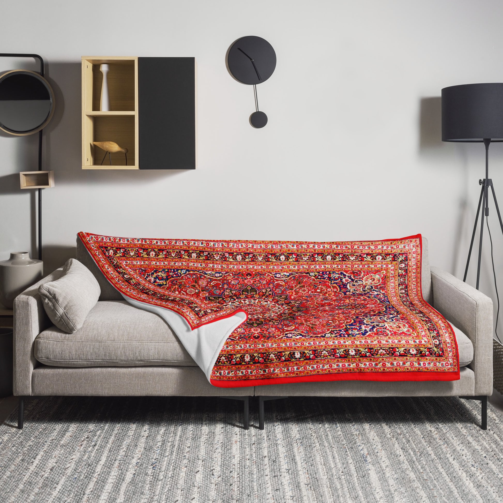 Soviet rug style large blanket lying on a sofa as a bed cover. www.artsoviet.com