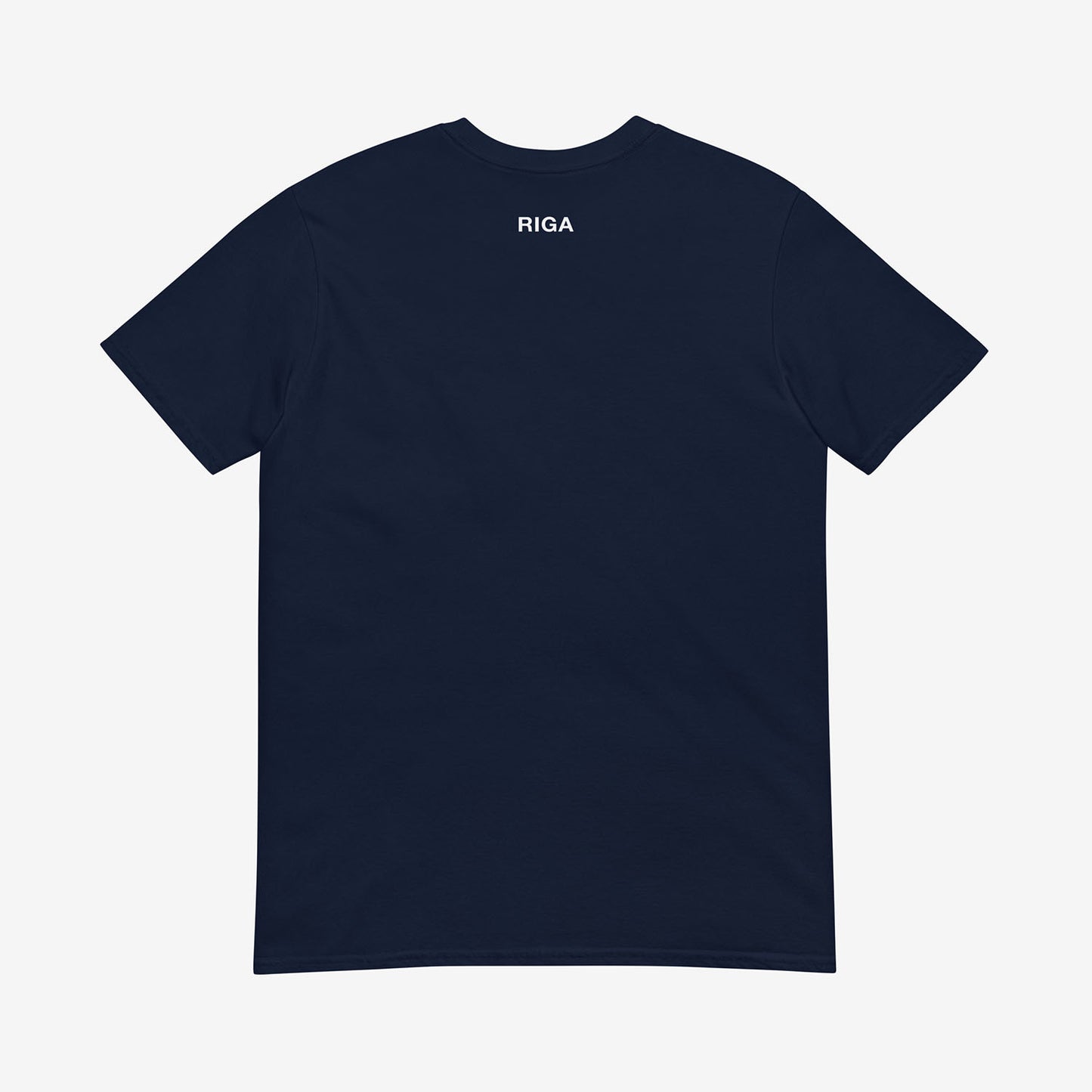 Minimalist Cyrillic Рига (Riga) T-shirt in Soviet-style typography, inspired by Latvian culture