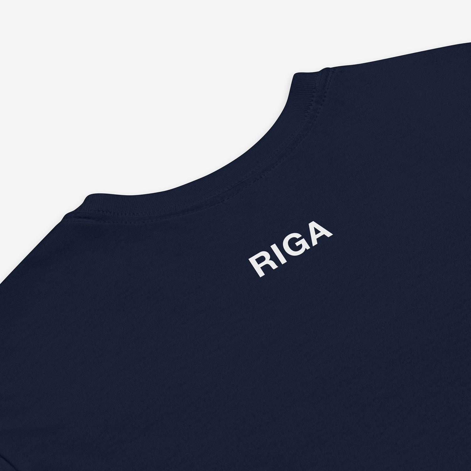 Minimalist Cyrillic Рига (Riga) T-shirt in Soviet-style typography, inspired by Latvian culture