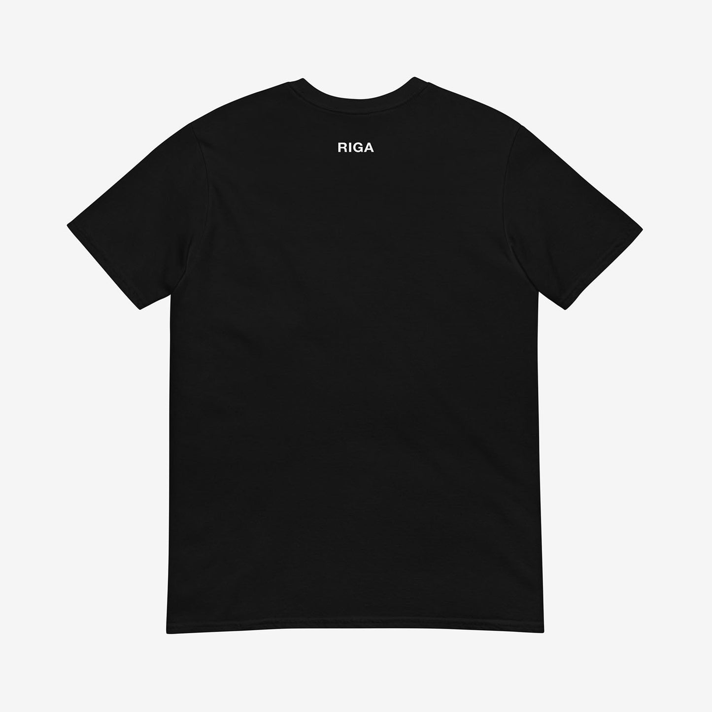 Minimalist Cyrillic Рига (Riga) T-shirt in Soviet-style typography, inspired by Latvian culture
