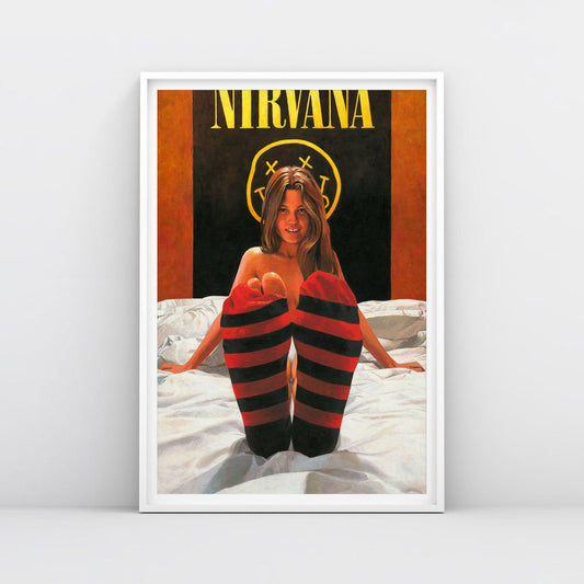 Poster of naked girl in bed wearing torn striped socks like Cobains sweater with Nirvana poster behind