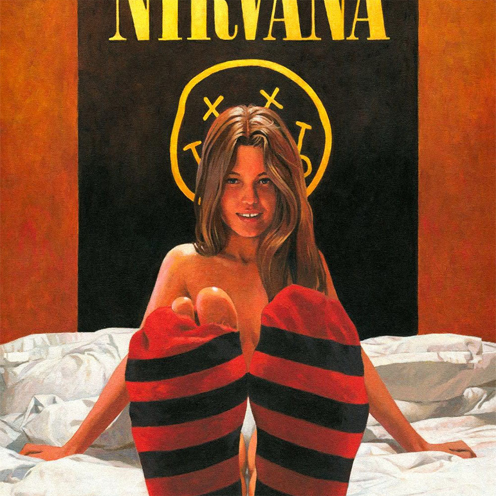 Poster of naked girl in bed wearing torn striped socks like Cobains sweater with Nirvana poster behind