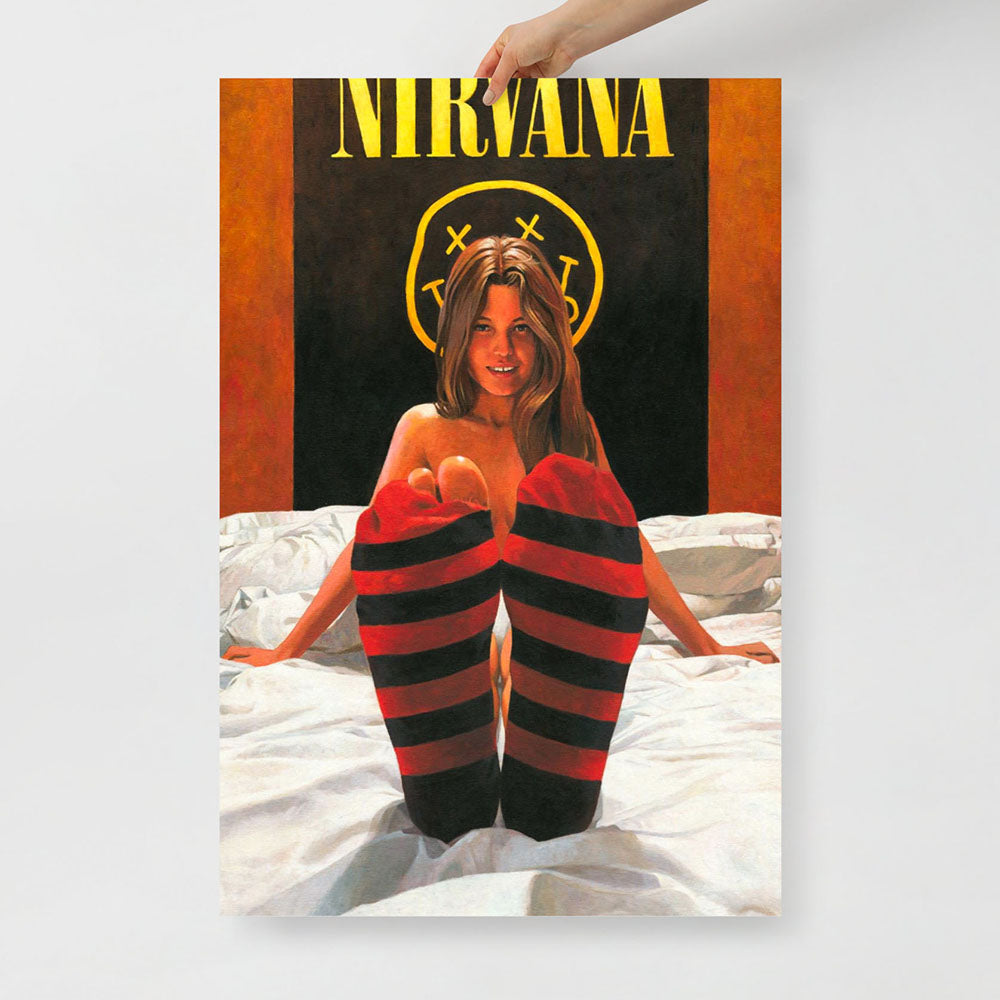 Poster of naked girl in bed wearing torn striped socks like Cobains sweater with Nirvana poster behind