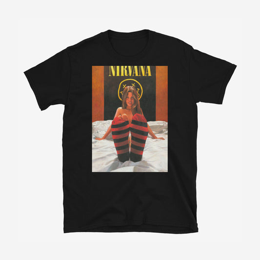 T-shirt with naked girl in bed wearing striped torn socks like Kurt Cobains sweater, Nirvana poster in background