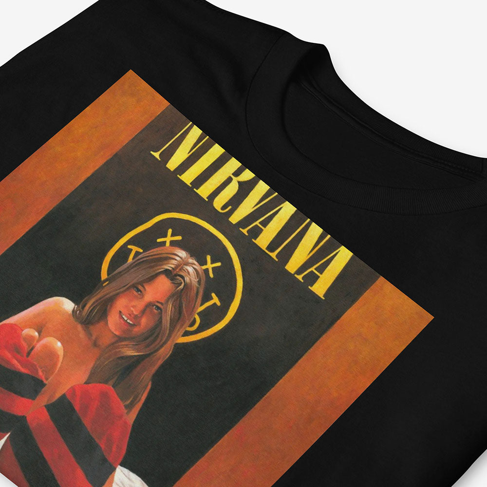 T-shirt with naked girl in bed wearing striped torn socks like Kurt Cobains sweater, Nirvana poster in background