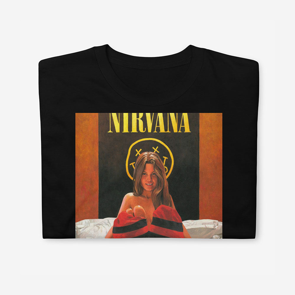 T-shirt with naked girl in bed wearing striped torn socks like Kurt Cobains sweater, Nirvana poster in background