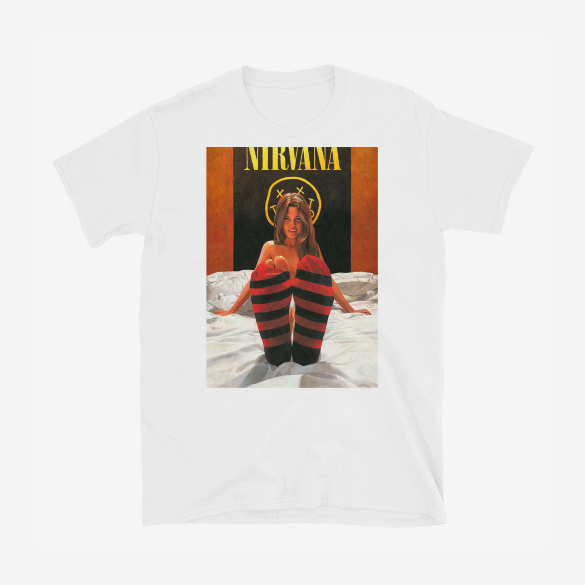 T-shirt with naked girl in bed wearing striped torn socks like Kurt Cobains sweater, Nirvana poster in background