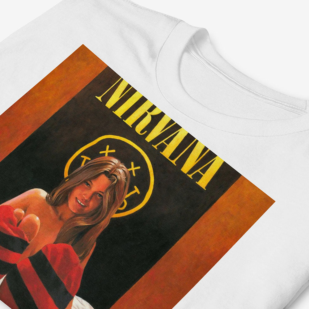 T-shirt with naked girl in bed wearing striped torn socks like Kurt Cobains sweater, Nirvana poster in background