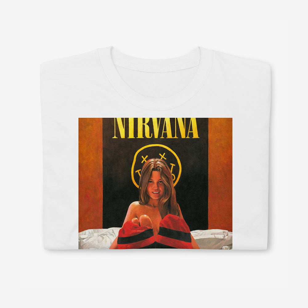 T-shirt with naked girl in bed wearing striped torn socks like Kurt Cobains sweater, Nirvana poster in background